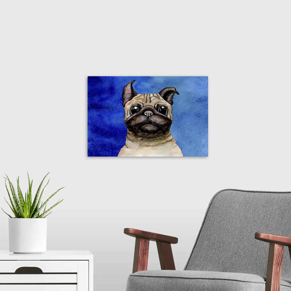 A modern room featuring Originally sketched and painted in watercolor: dog bulldog on blue background.