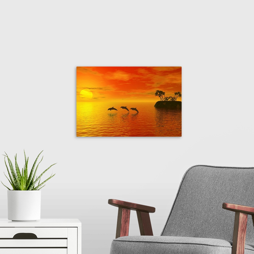 A modern room featuring Illustration of tropic scene with dolphins and sunset.
