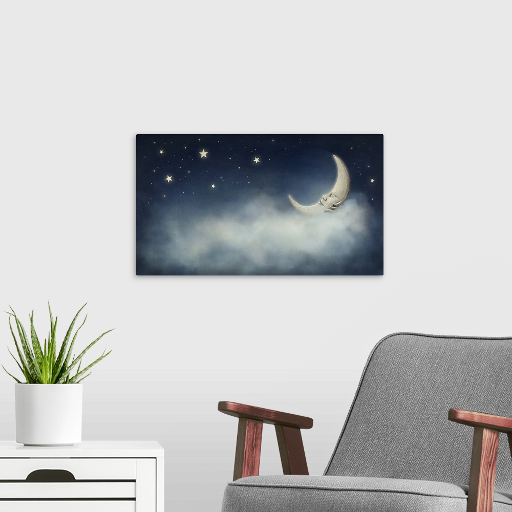 A modern room featuring Night time with the stars and the moon.
