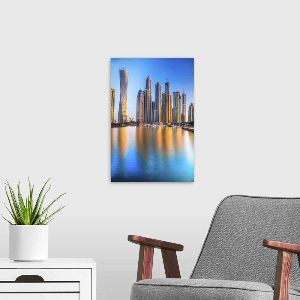 A modern room featuring Dubai Marina Skyline
