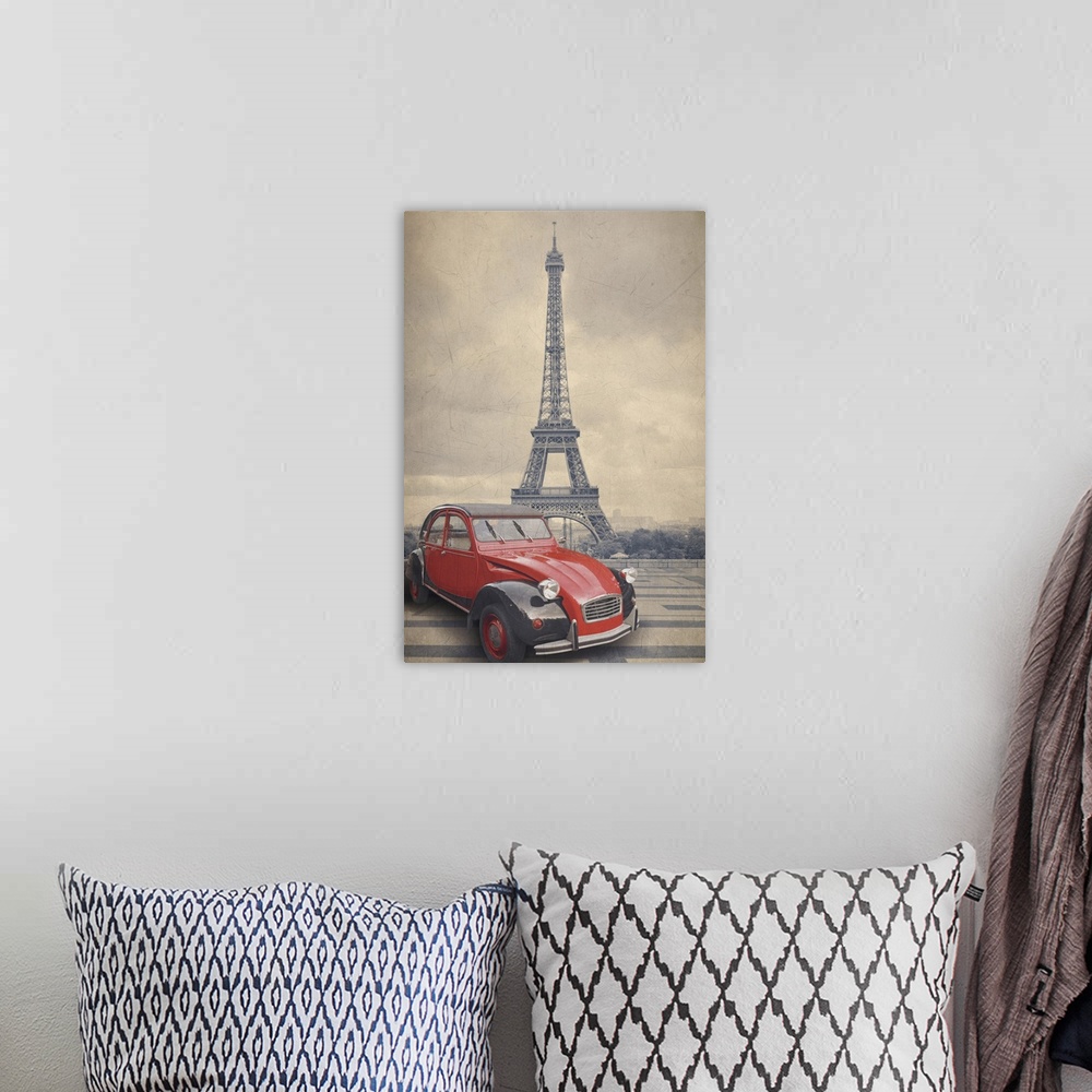A bohemian room featuring Eiffel tower and red car with a retro vintage style, filter effect.