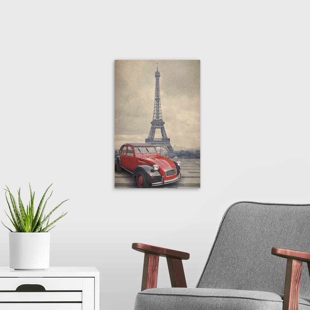 A modern room featuring Eiffel tower and red car with a retro vintage style, filter effect.