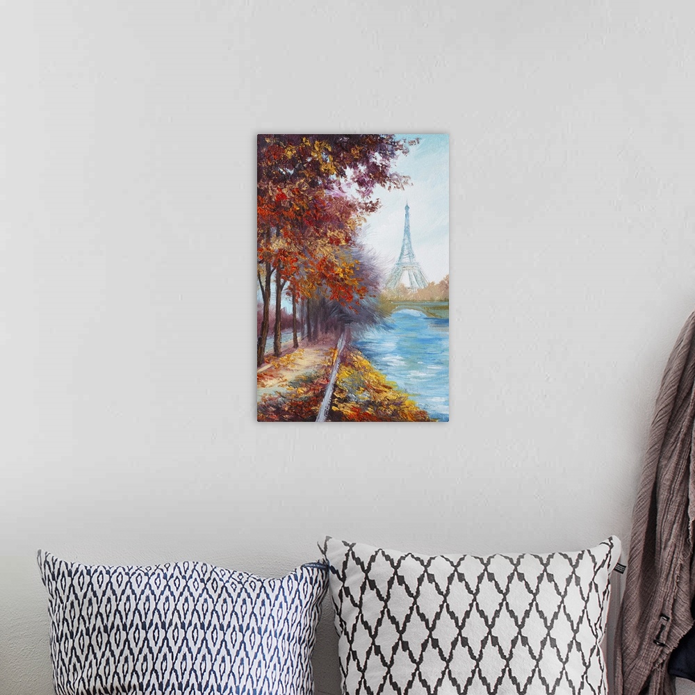 A bohemian room featuring Originally an oil painting of Eiffel tower, France, autumn landscape.
