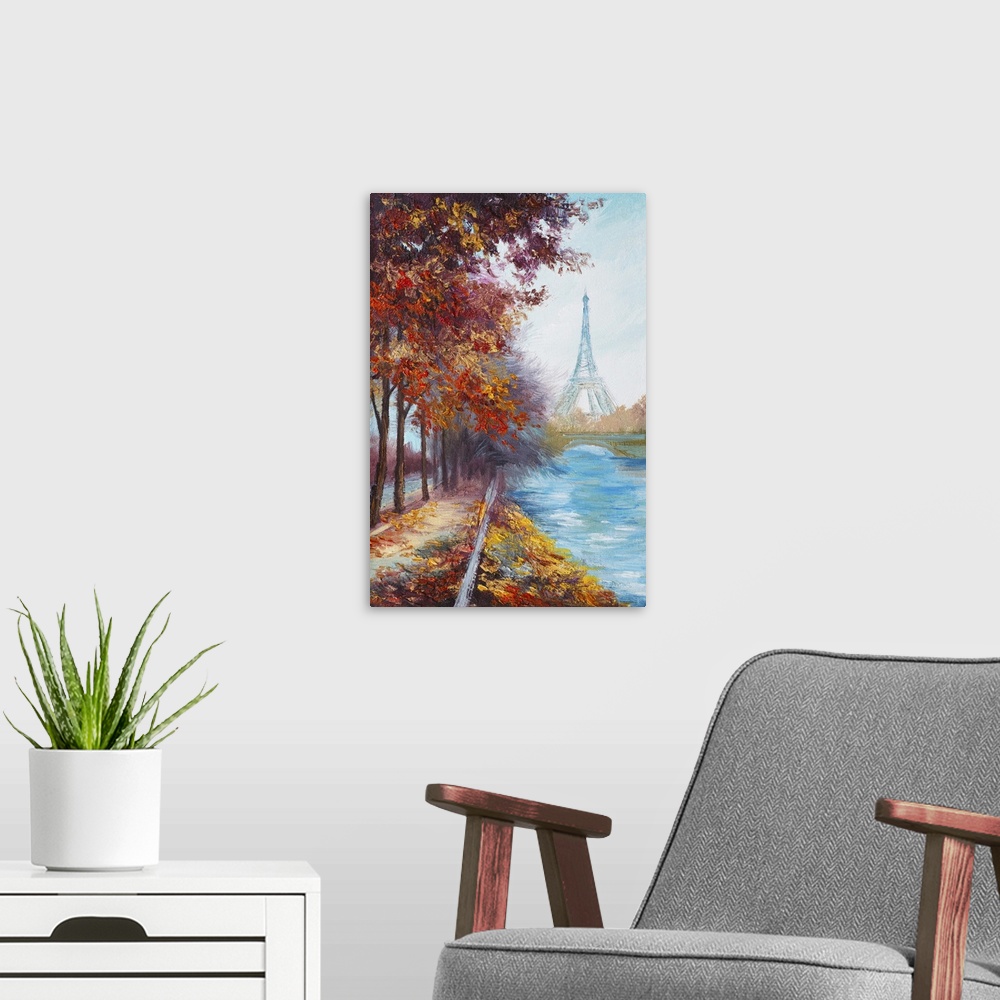 A modern room featuring Originally an oil painting of Eiffel tower, France, autumn landscape.