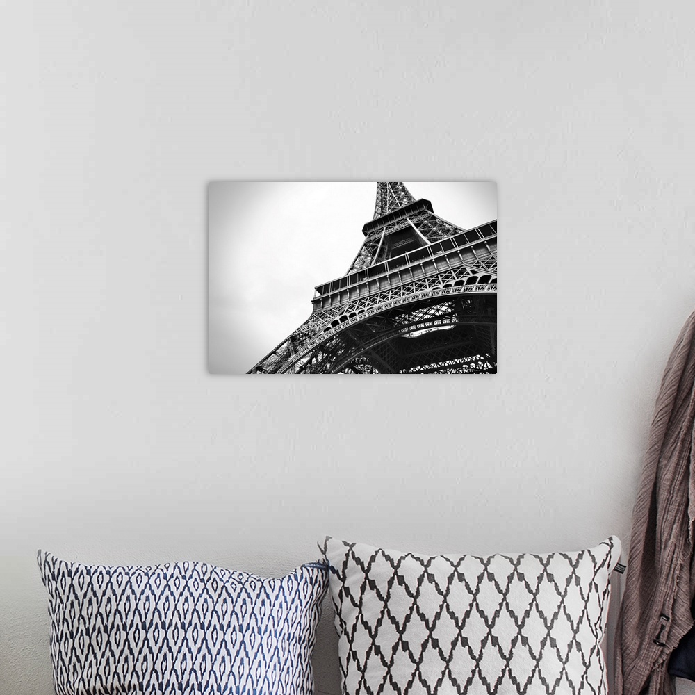 A bohemian room featuring Amazing cityscape of Paris with the beautiful Eiffel tower in black and white in the foreground.