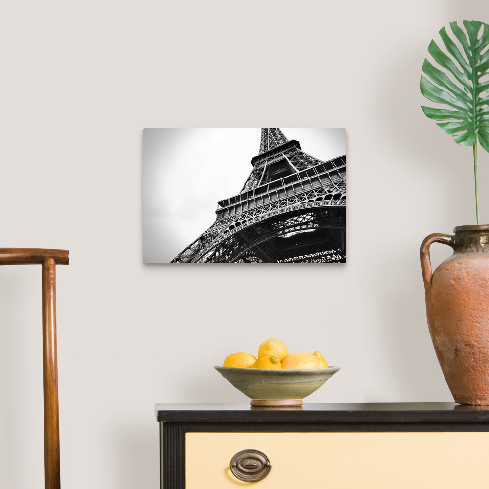 A traditional room featuring Amazing cityscape of Paris with the beautiful Eiffel tower in black and white in the foreground.