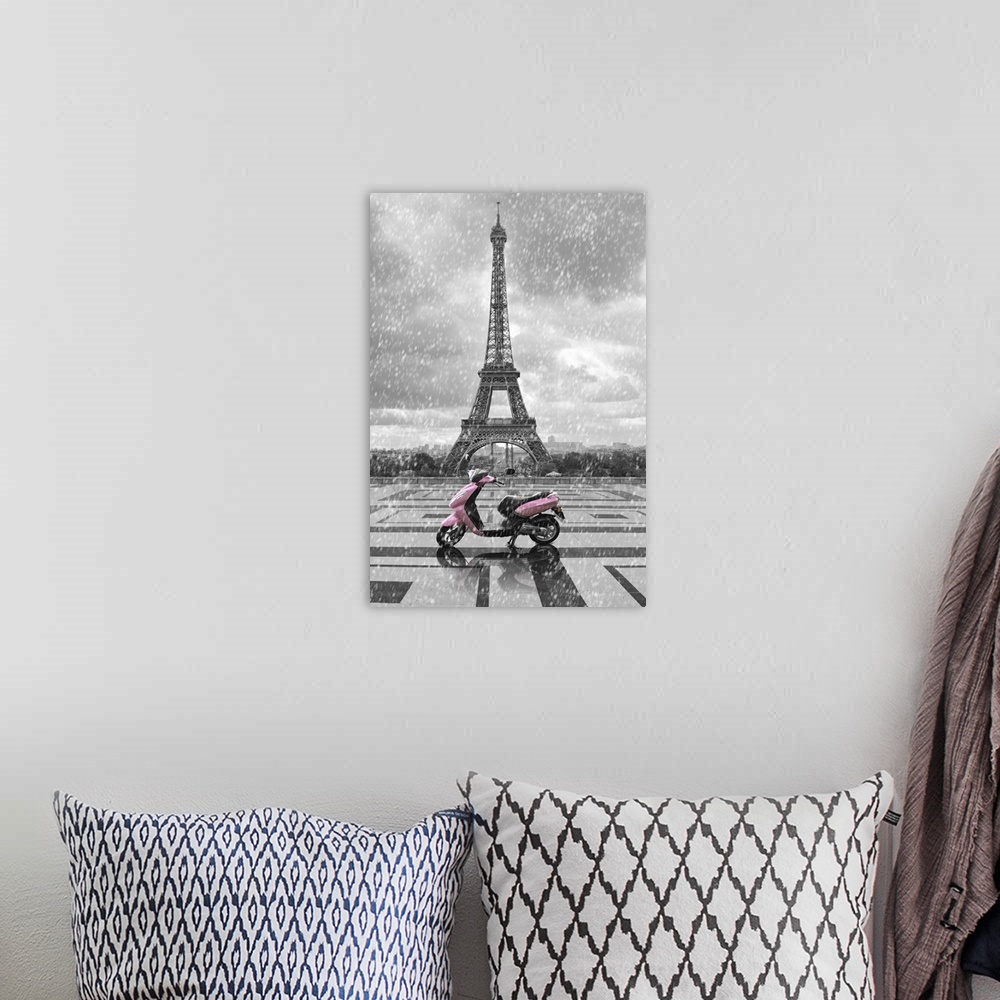 A bohemian room featuring Eiffel tower view from the street of Paris. Black and white photo with red element.