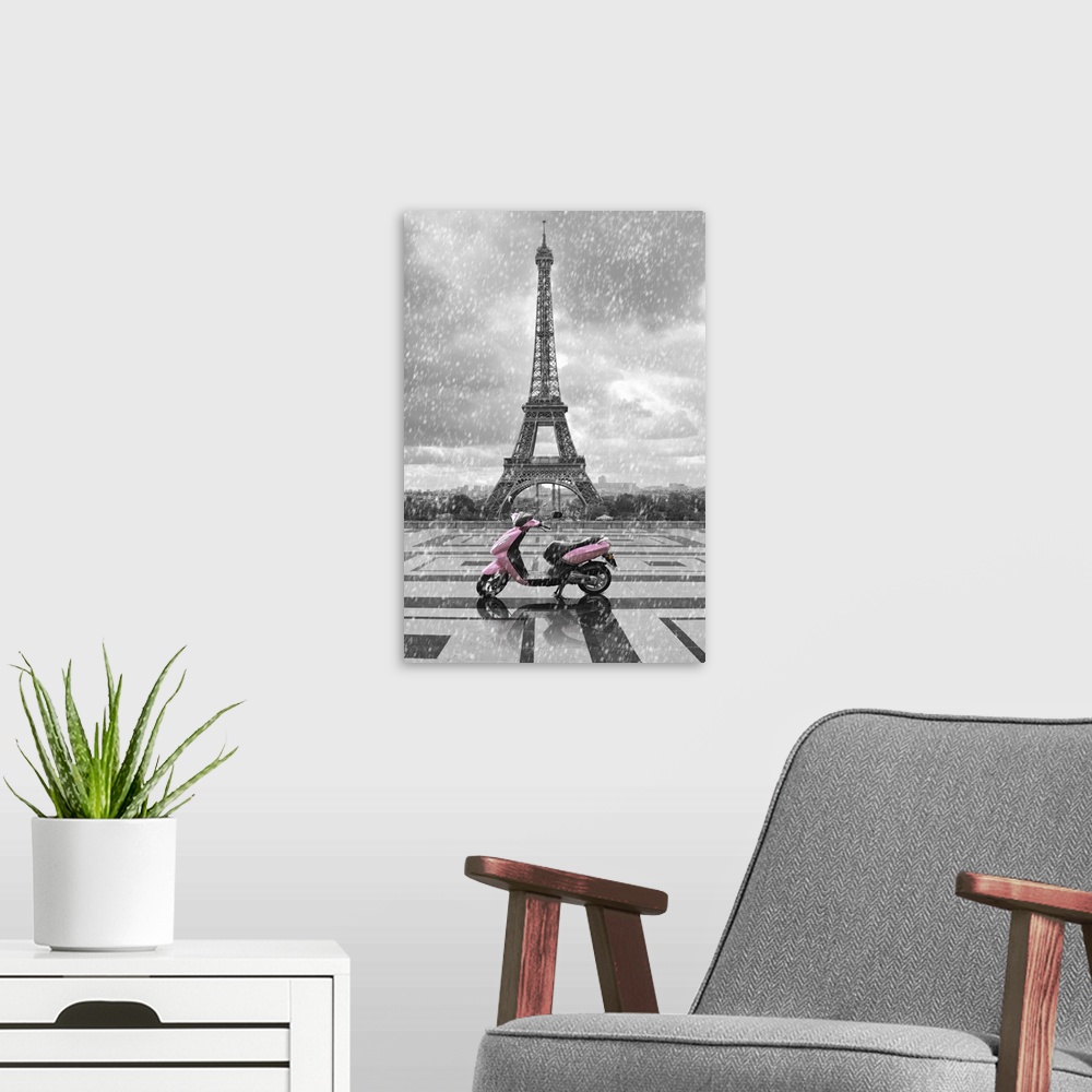 A modern room featuring Eiffel tower view from the street of Paris. Black and white photo with red element.