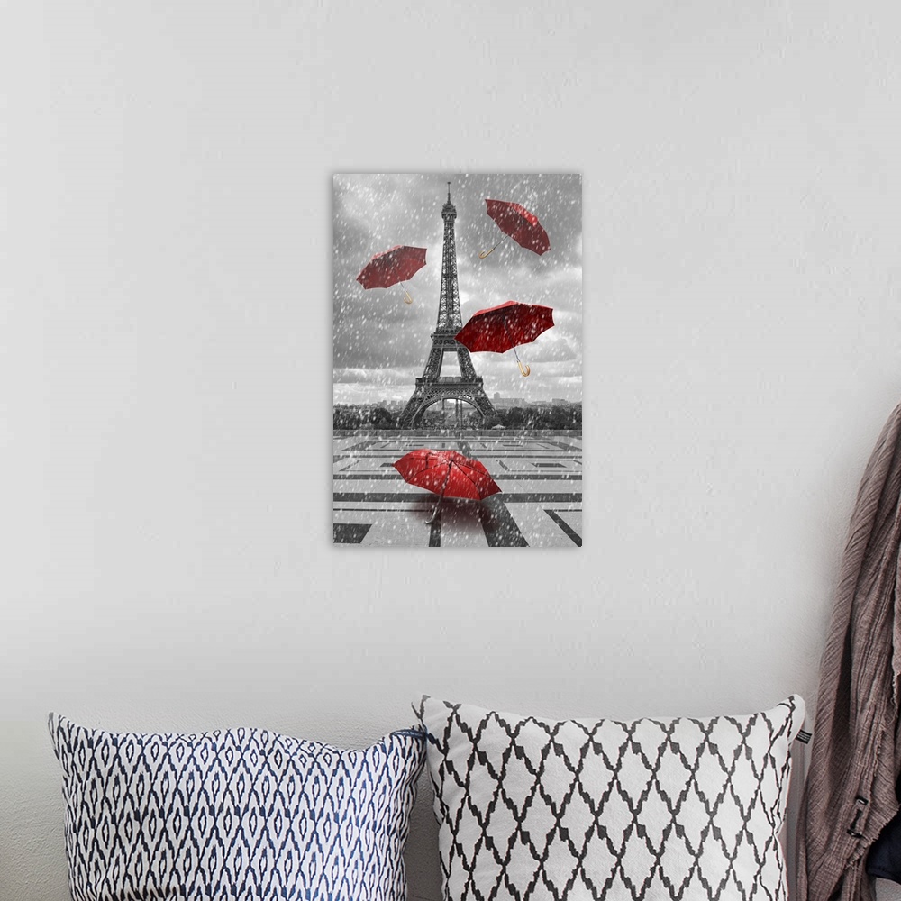 A bohemian room featuring Eiffel tower with flying umbrellas. Black and white with red element.
