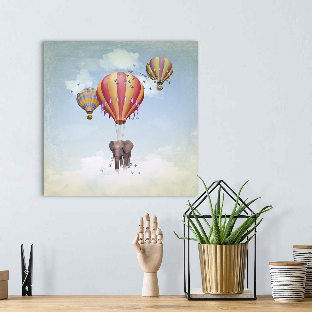 A bohemian room featuring Elephant in the sky with balloons. Originally an Illustration.