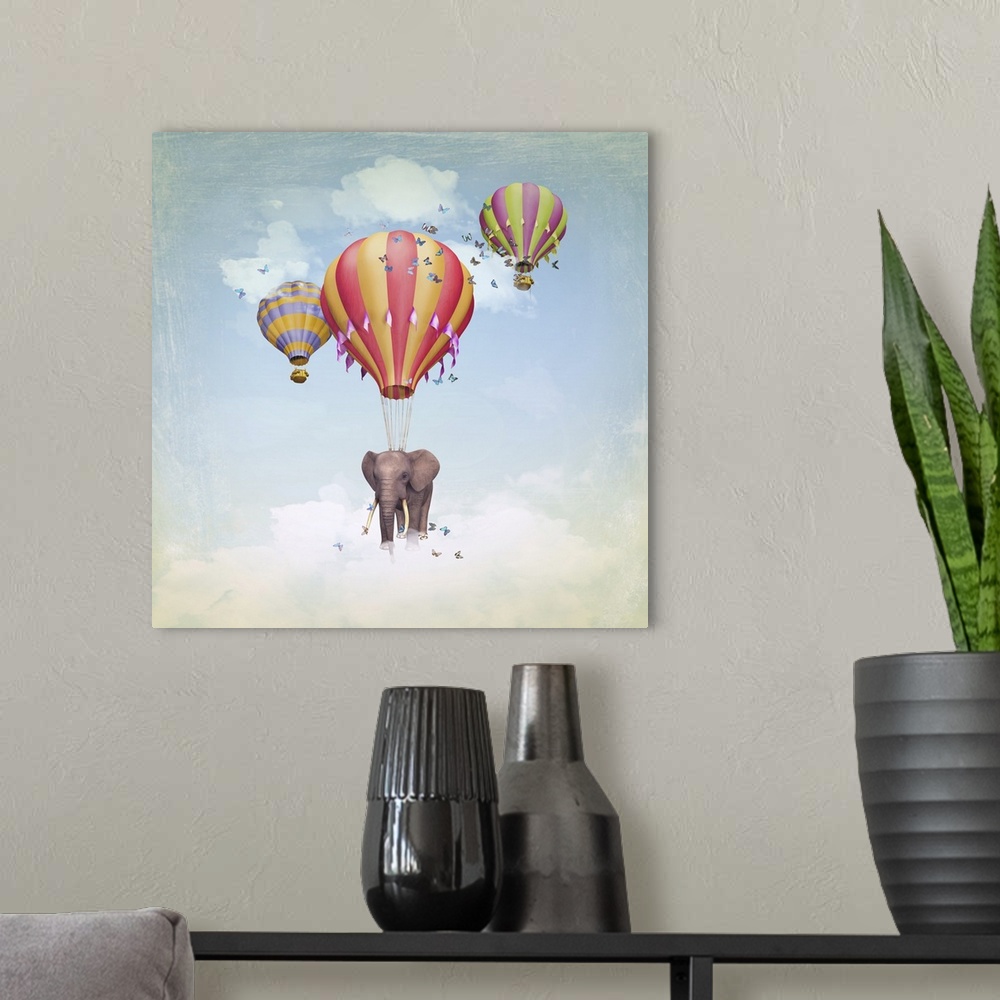 A modern room featuring Elephant in the sky with balloons. Originally an Illustration.