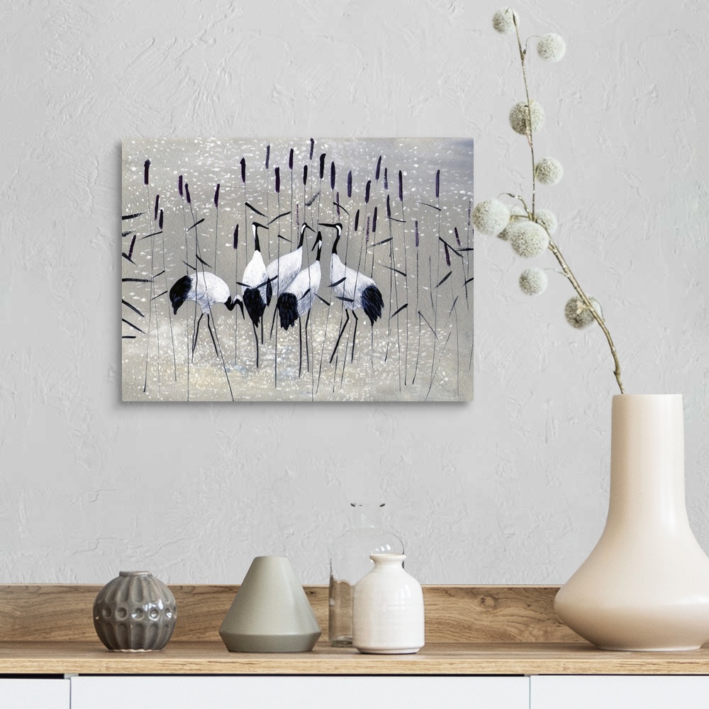 A farmhouse room featuring Family of cranes in the reeds.