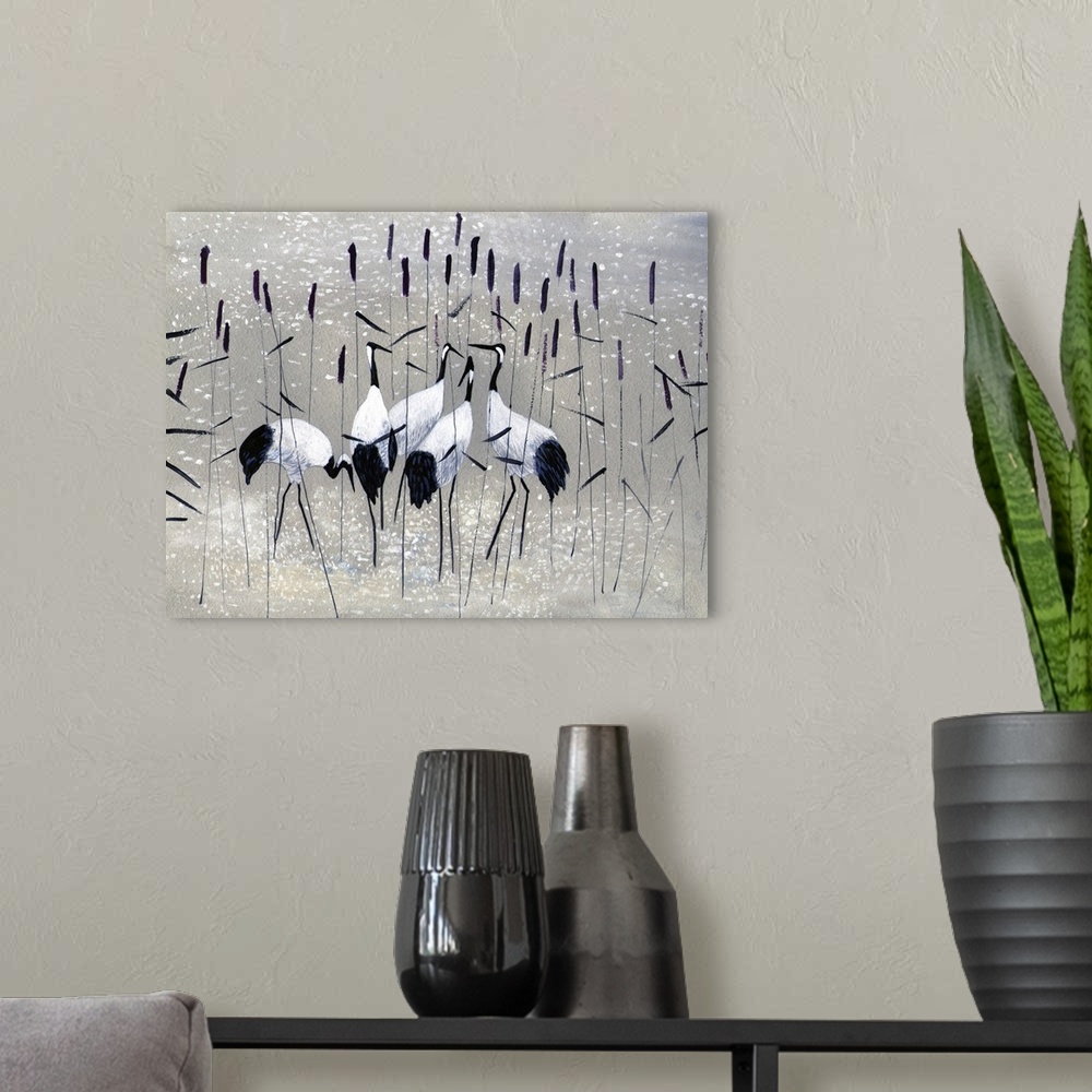 A modern room featuring Family of cranes in the reeds.