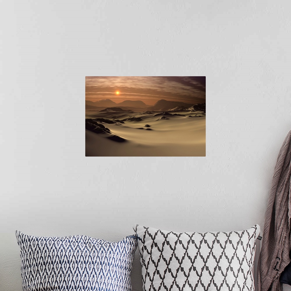 A bohemian room featuring 3D rendered fantasy landscape with a desert, dunes, mountains and the sun.