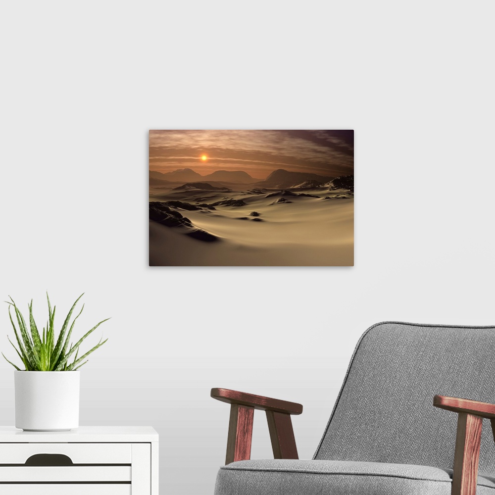 A modern room featuring 3D rendered fantasy landscape with a desert, dunes, mountains and the sun.