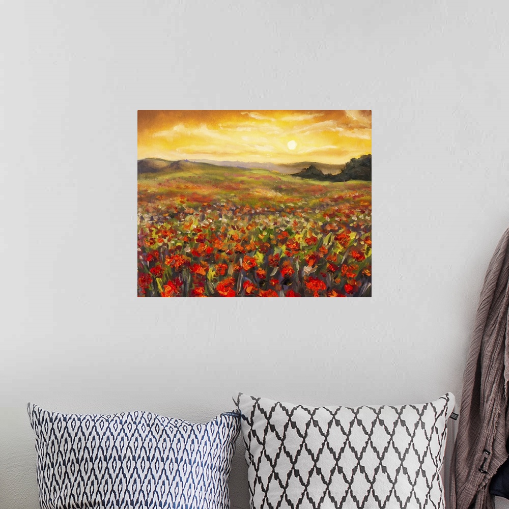A bohemian room featuring Field Of Red Poppies At Sunset