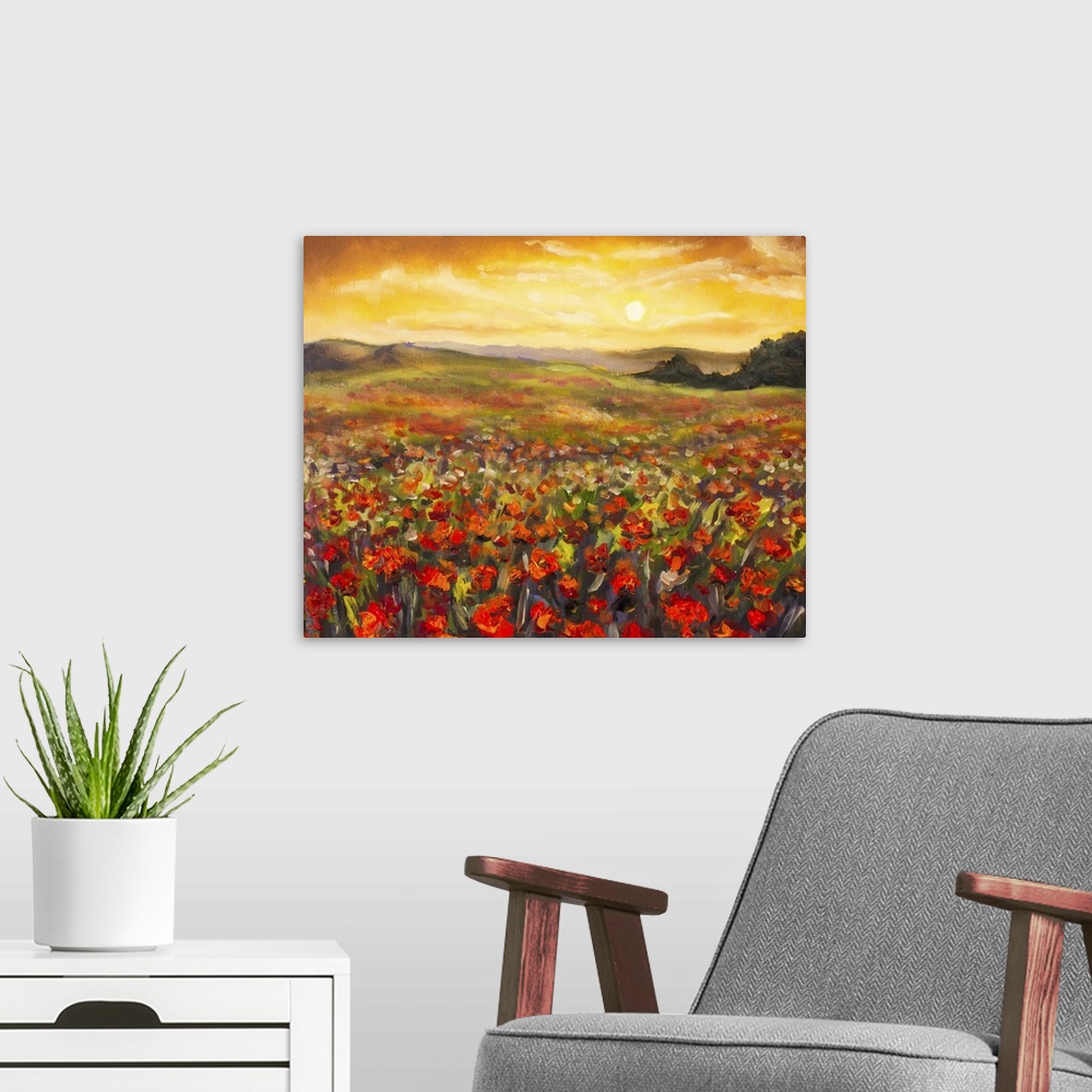 A modern room featuring Field Of Red Poppies At Sunset