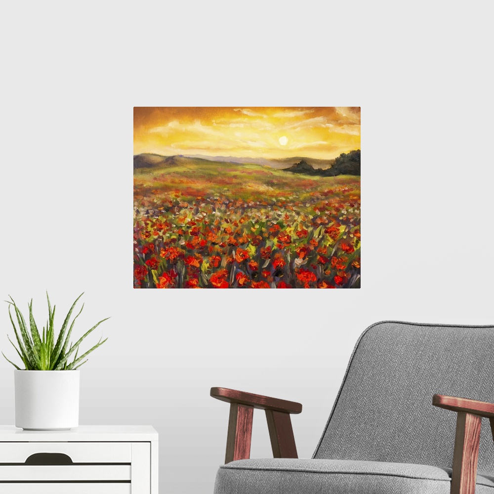 A modern room featuring Field Of Red Poppies At Sunset