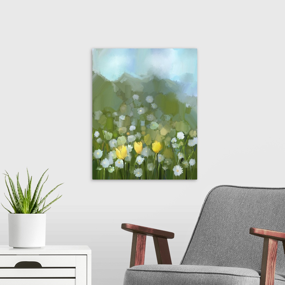 A modern room featuring Originally an oil painting field of yellow tulip and white daisy flowers. Originally hand painted...