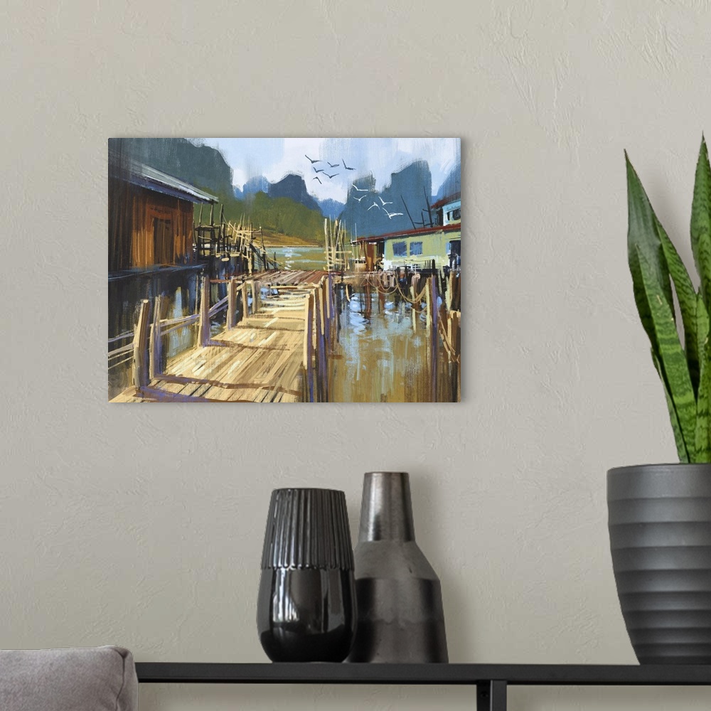 A modern room featuring Landscape painting of fishing village in summer.