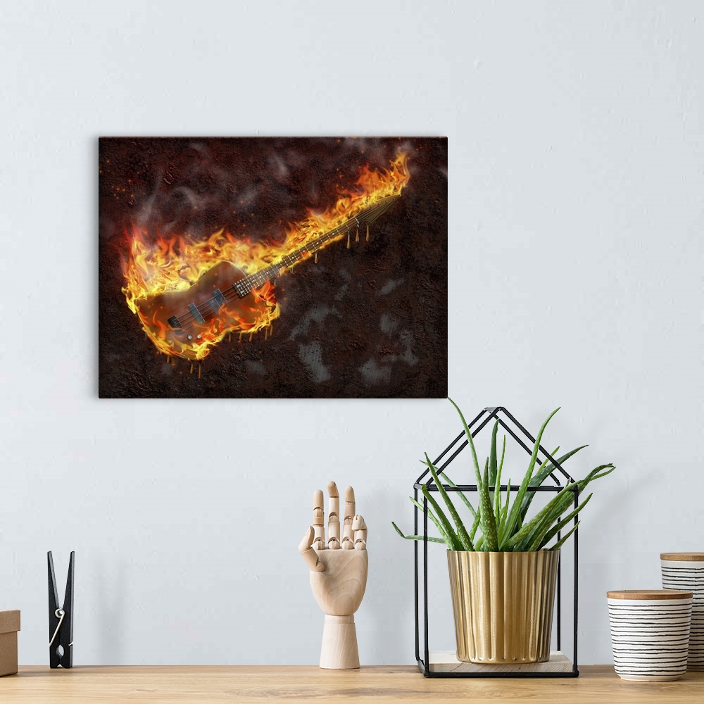A bohemian room featuring Flaming melting guitar and rusted metal surface.