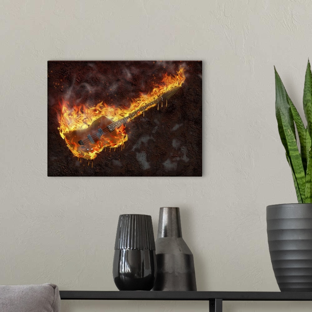 A modern room featuring Flaming melting guitar and rusted metal surface.