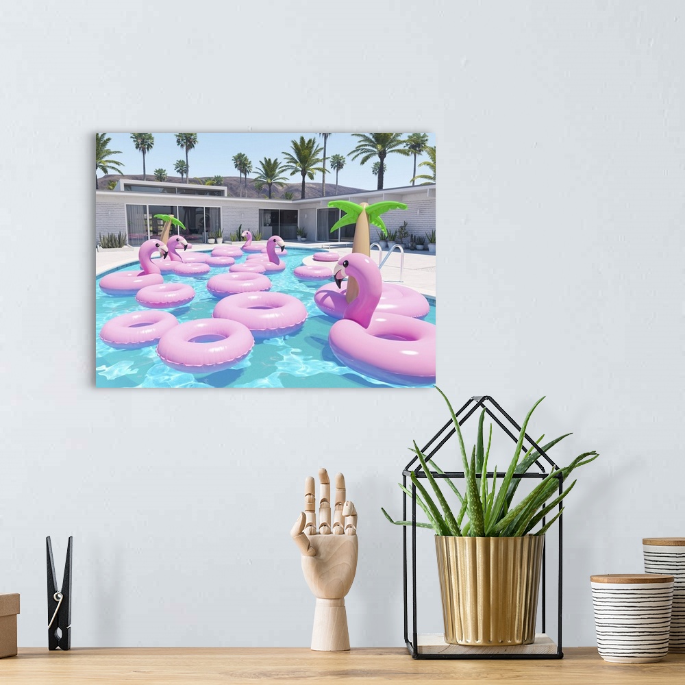 A bohemian room featuring Flamingo Floats In A Pool