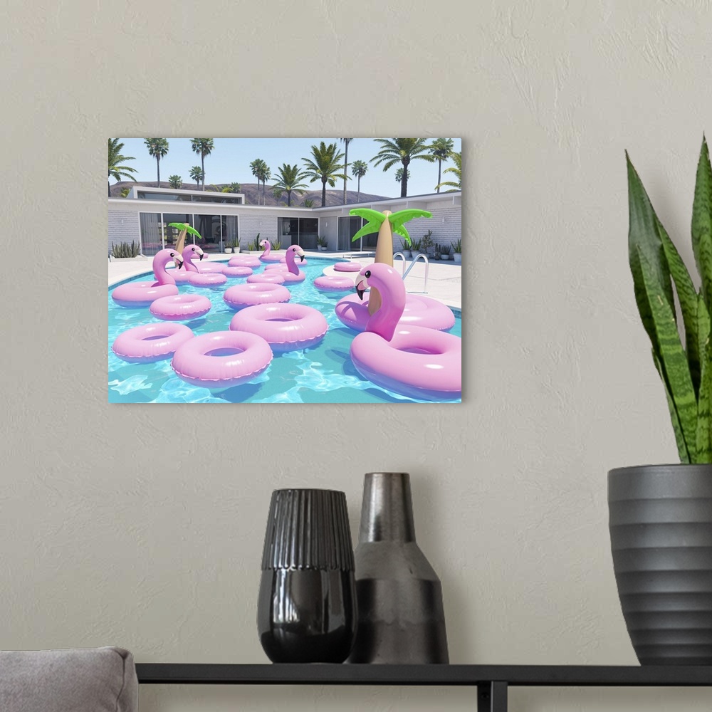 A modern room featuring Flamingo Floats In A Pool