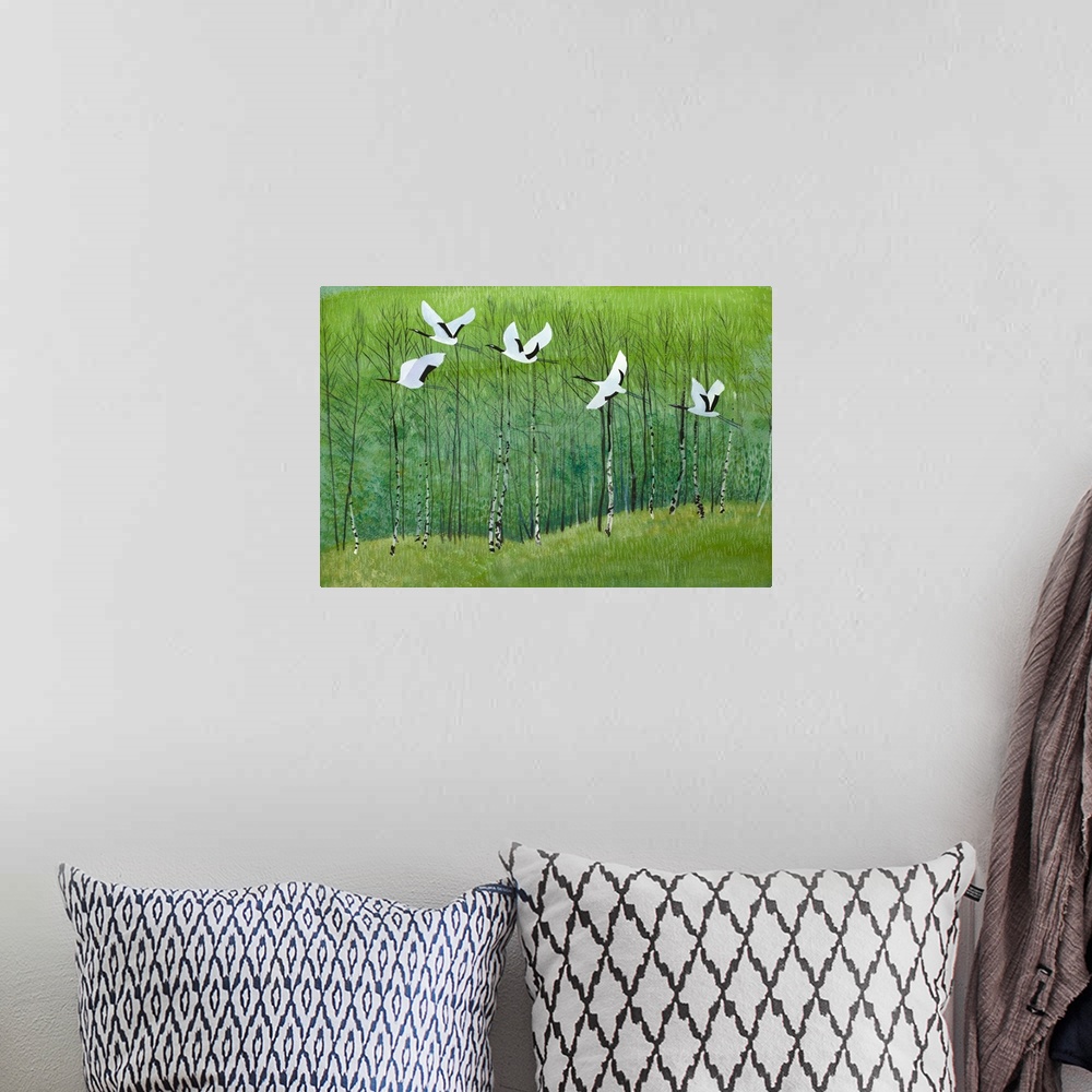 A bohemian room featuring Cranes flying over the forest.