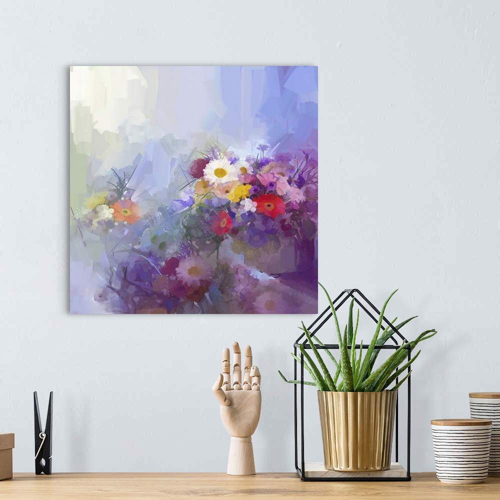 A bohemian room featuring Abstract flower painting. Vase with still lift bouquet of vintage flowers, originally an oil pain...