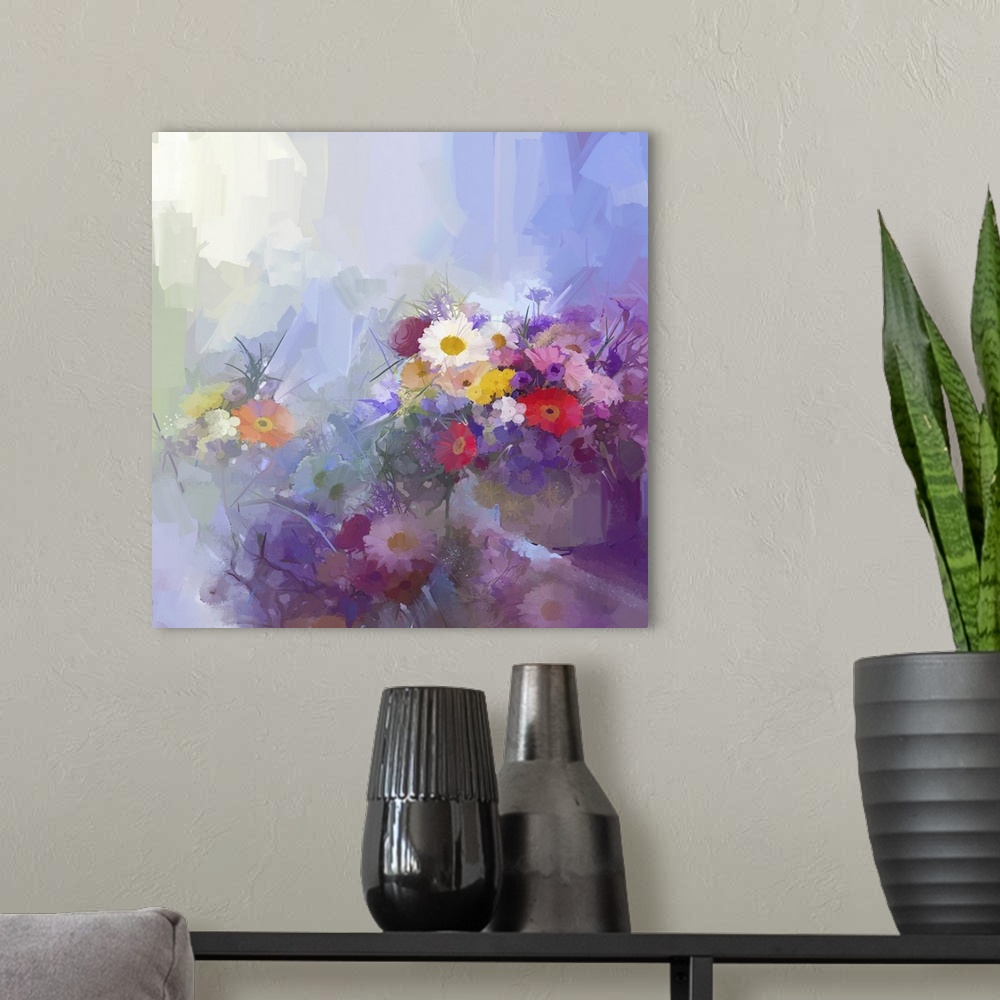 A modern room featuring Abstract flower painting. Vase with still lift bouquet of vintage flowers, originally an oil pain...