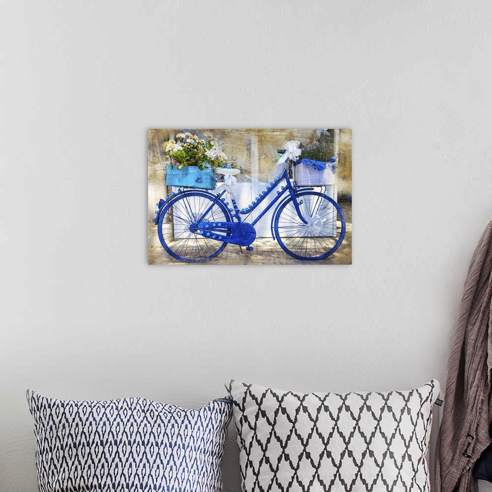 A bohemian room featuring Charming streets of Italy. Floral bikes, artistic vintage picture.