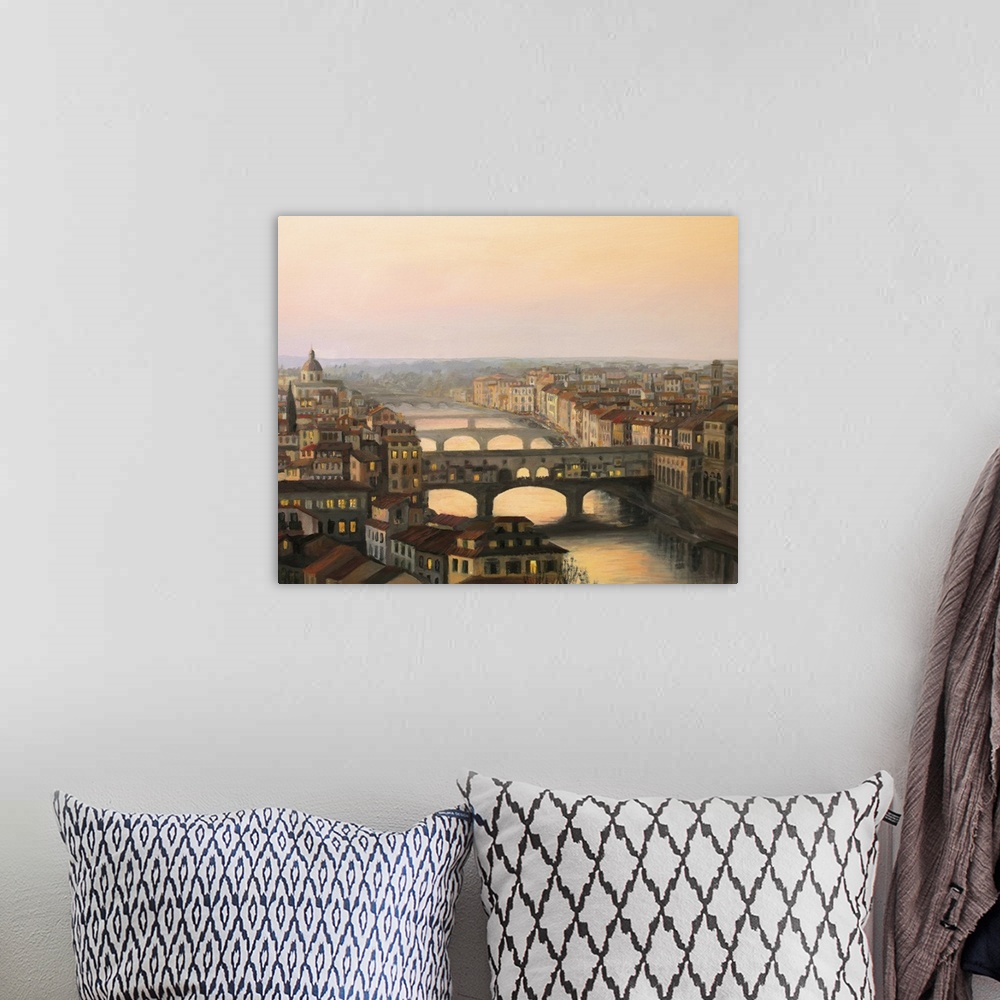 A bohemian room featuring Sunset over Florence with Ponte Vecchio in the warm light.