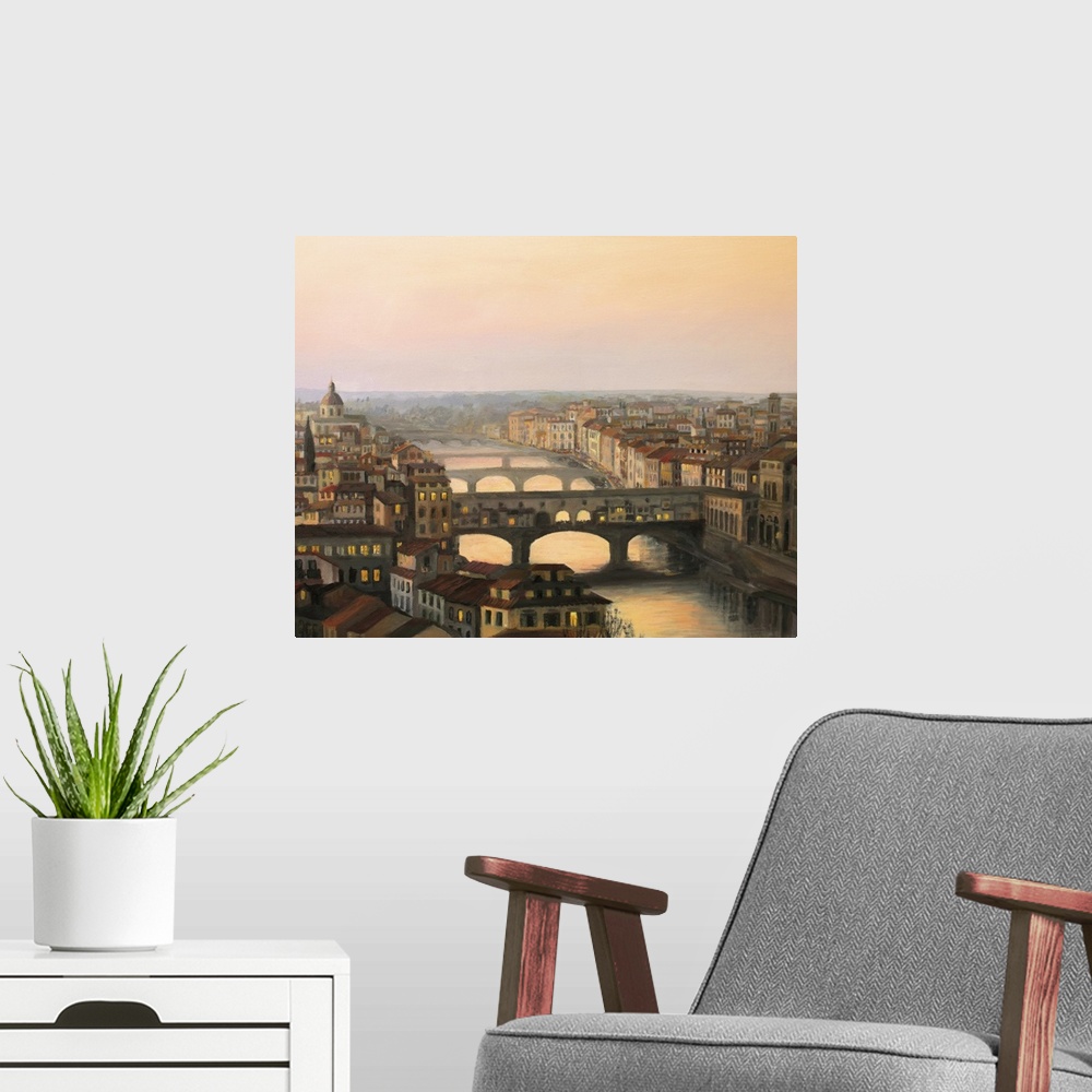 A modern room featuring Sunset over Florence with Ponte Vecchio in the warm light.