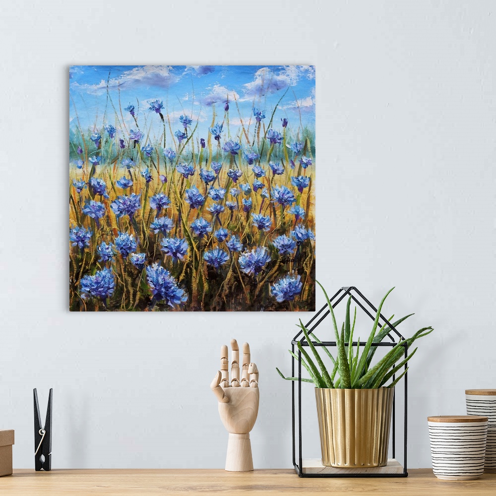 A bohemian room featuring Flower field. Blue flowers in the meadow. Blue sky with white clouds. Green forest in the distanc...