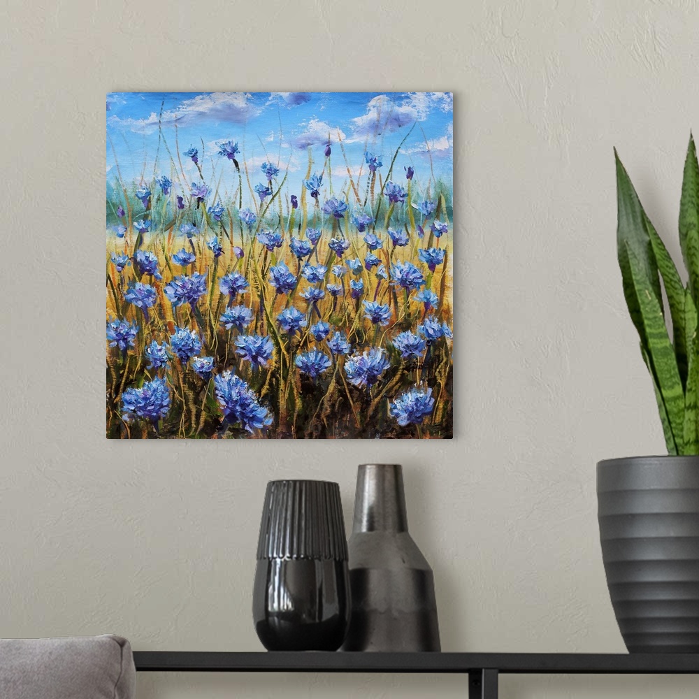 A modern room featuring Flower field. Blue flowers in the meadow. Blue sky with white clouds. Green forest in the distanc...
