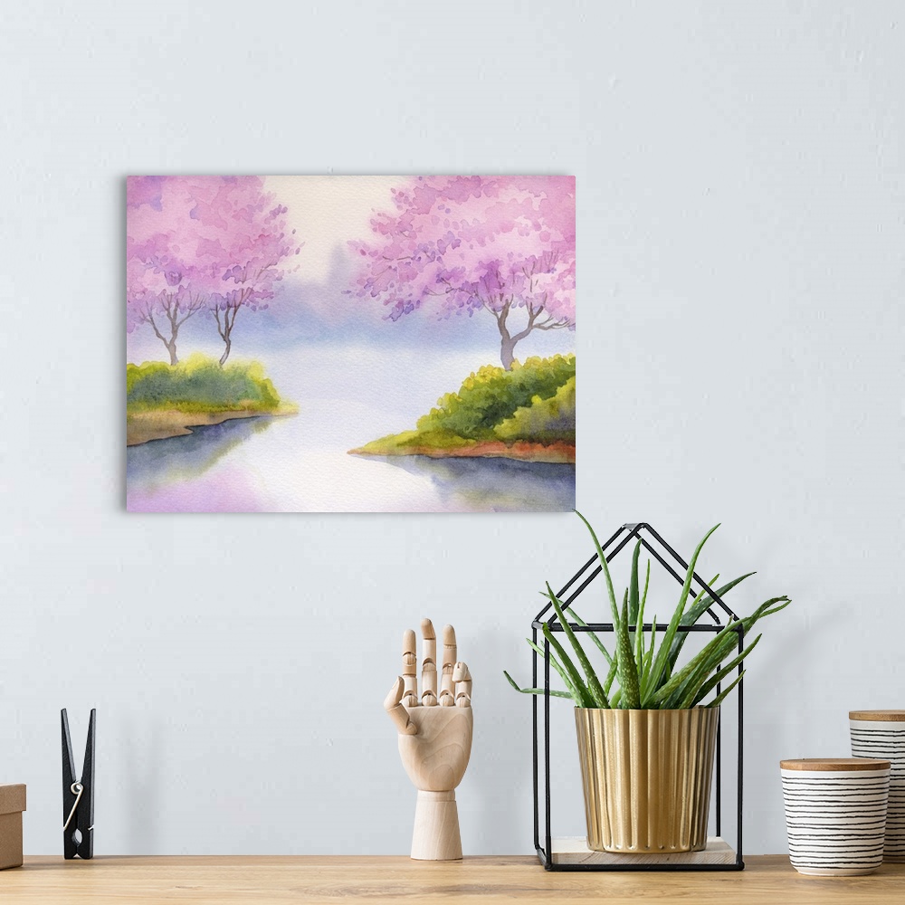 A bohemian room featuring Originally a watercolor landscape. Flowering fruit trees over the quiet lake in a gentle spring m...