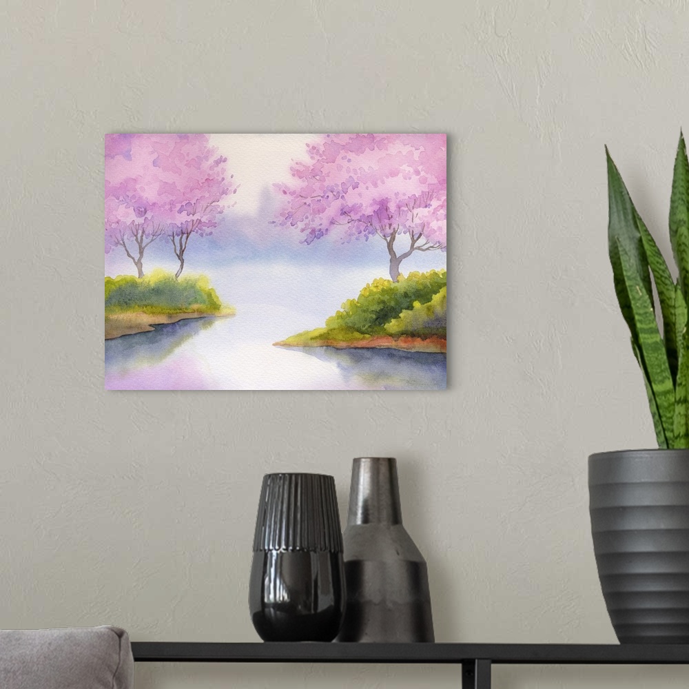 A modern room featuring Originally a watercolor landscape. Flowering fruit trees over the quiet lake in a gentle spring m...