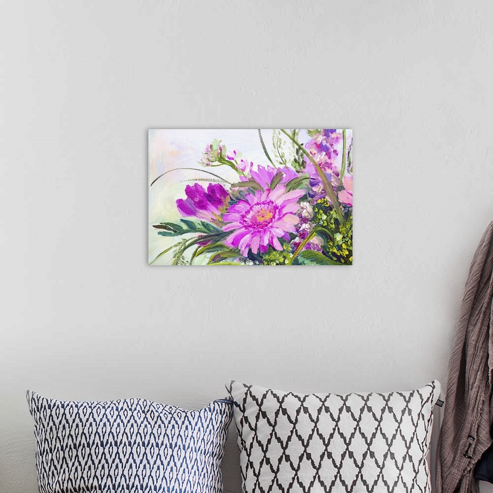 A bohemian room featuring Flowers, originally an oil painting on canvas.
