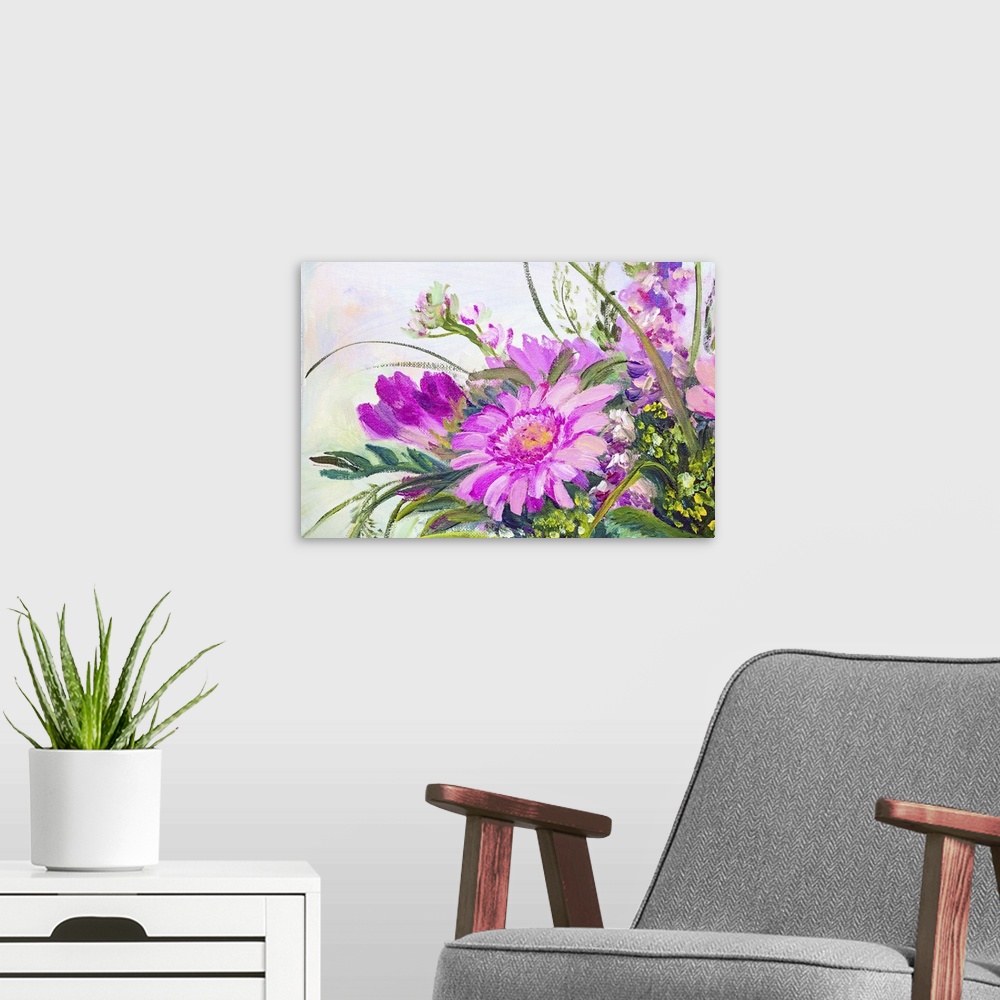 A modern room featuring Flowers, originally an oil painting on canvas.