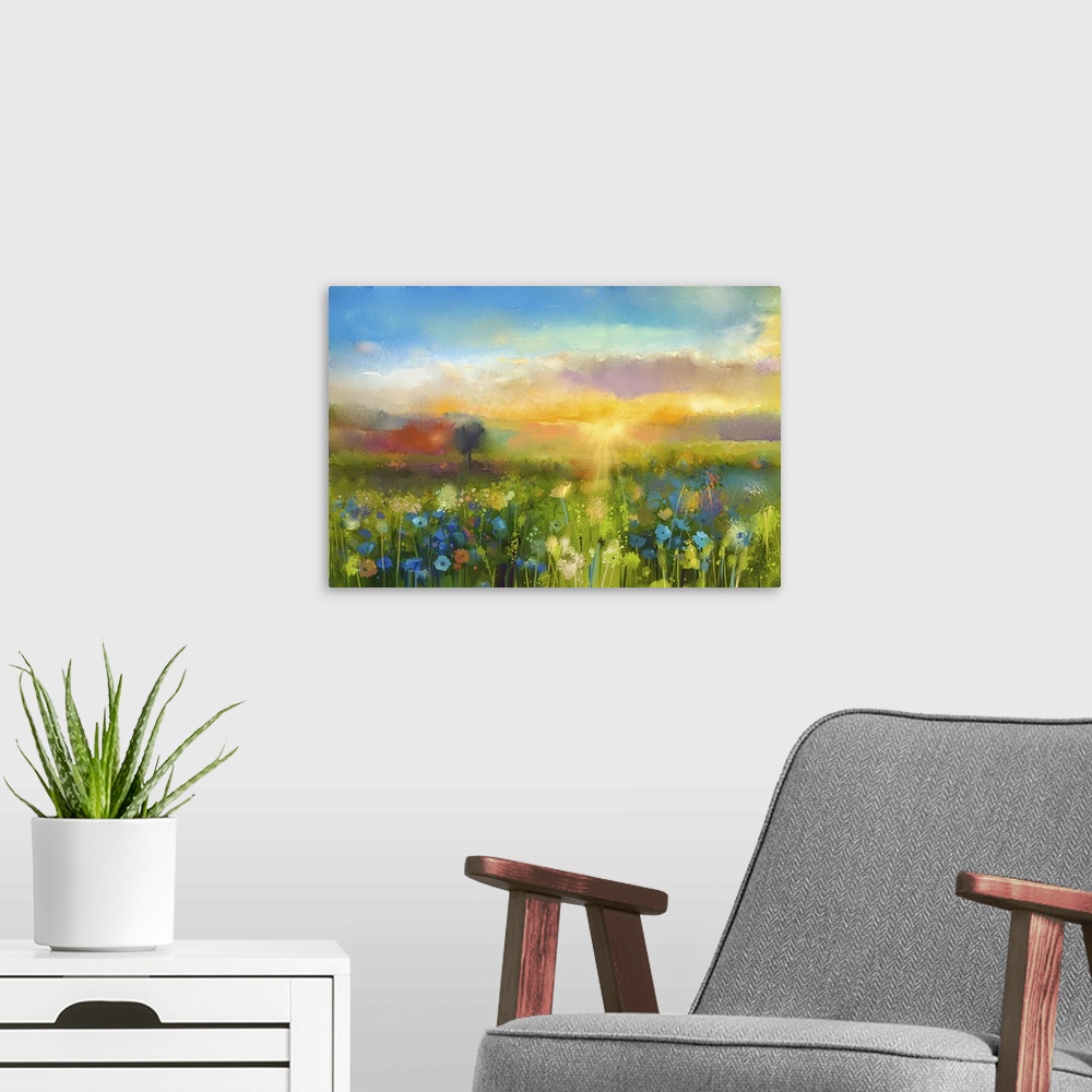 A modern room featuring Originally an oil painting of flowers. Dandelion, cornflower, daisy in fields. Sunset meadow land...