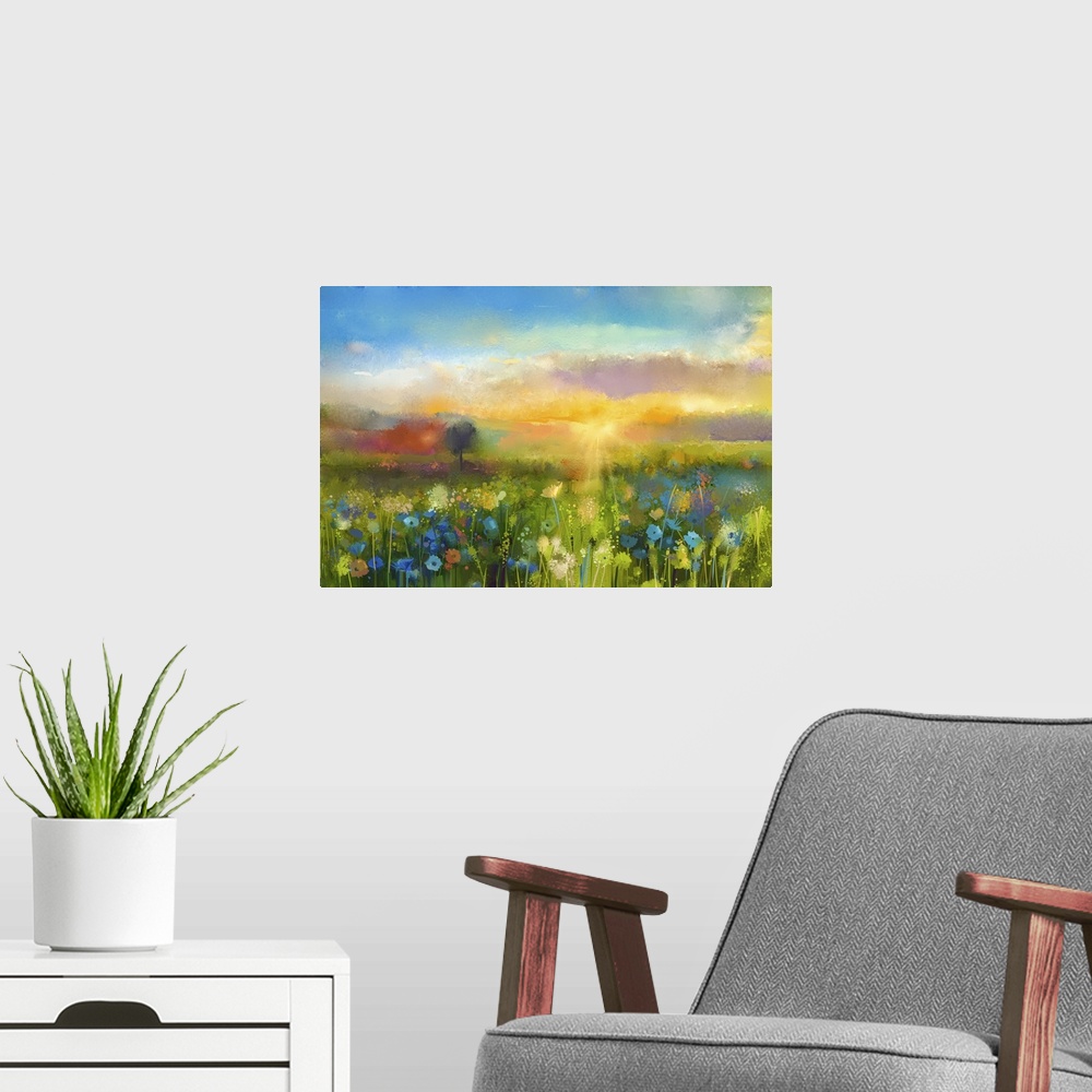 A modern room featuring Originally an oil painting of flowers. Dandelion, cornflower, daisy in fields. Sunset meadow land...