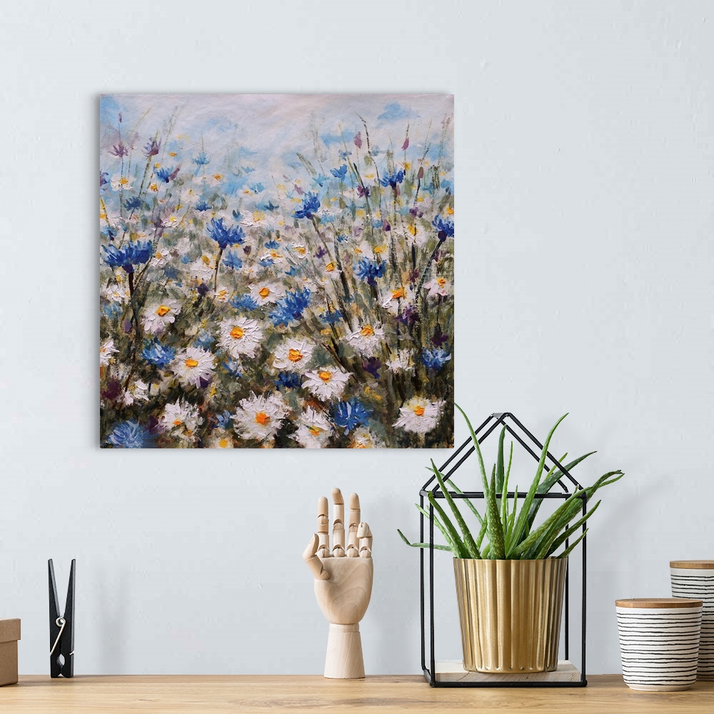 A bohemian room featuring Flowers. Field of white flowers. Glade of cornflowers and daisies. Summer flowers. Grass. Nature....