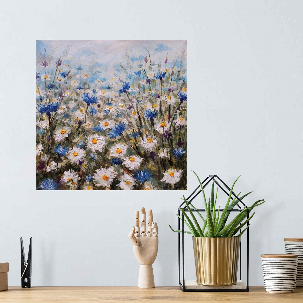 A bohemian room featuring Flowers. Field of white flowers. Glade of cornflowers and daisies. Summer flowers. Grass. Nature....