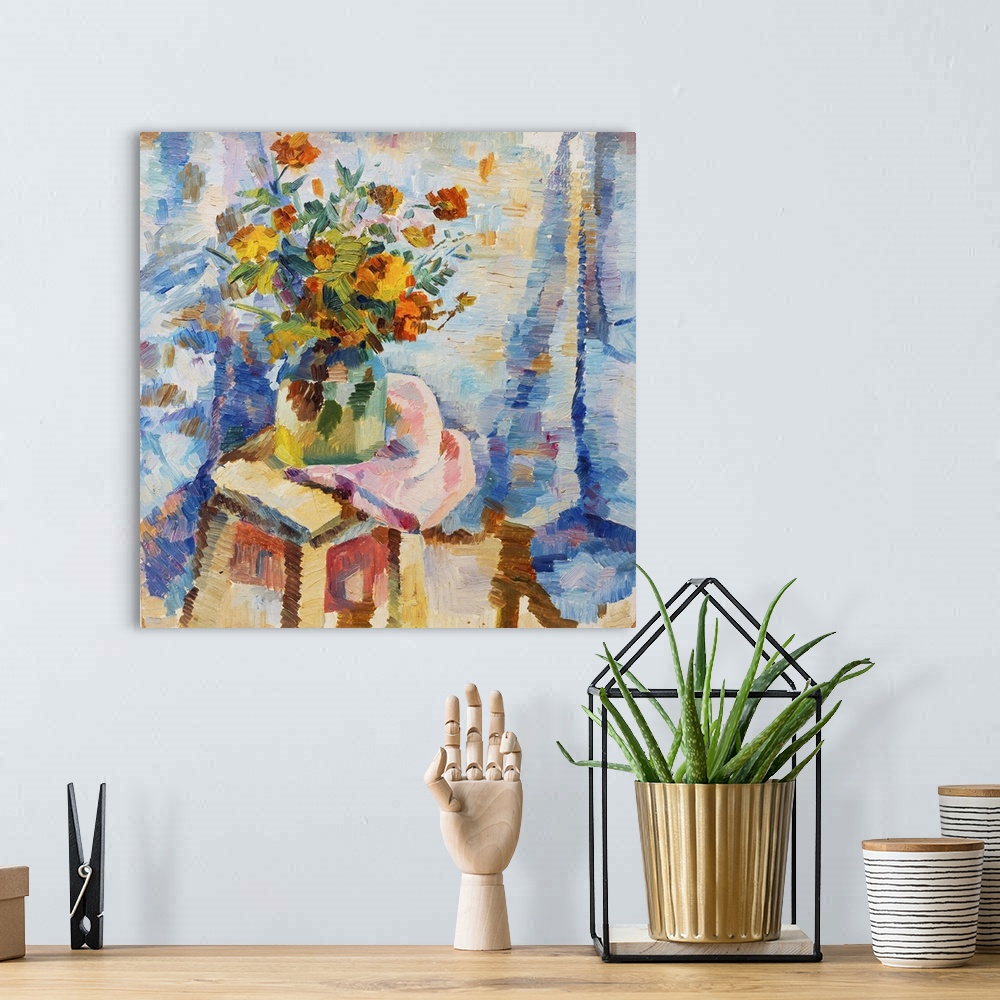 A bohemian room featuring Originally an oil painting flowers in a vase in bright orange colors of red and blue on canvas.