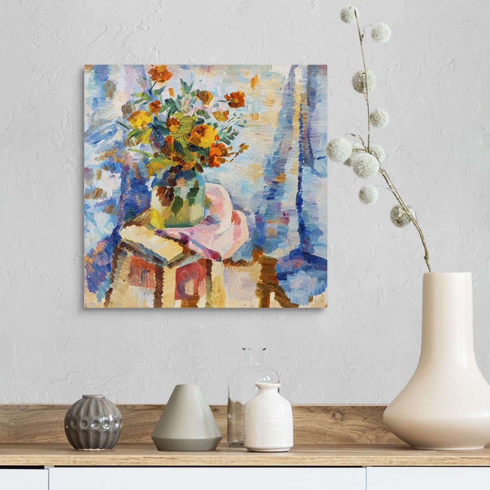A farmhouse room featuring Originally an oil painting flowers in a vase in bright orange colors of red and blue on canvas.