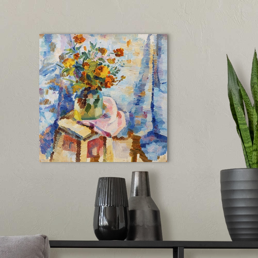A modern room featuring Originally an oil painting flowers in a vase in bright orange colors of red and blue on canvas.