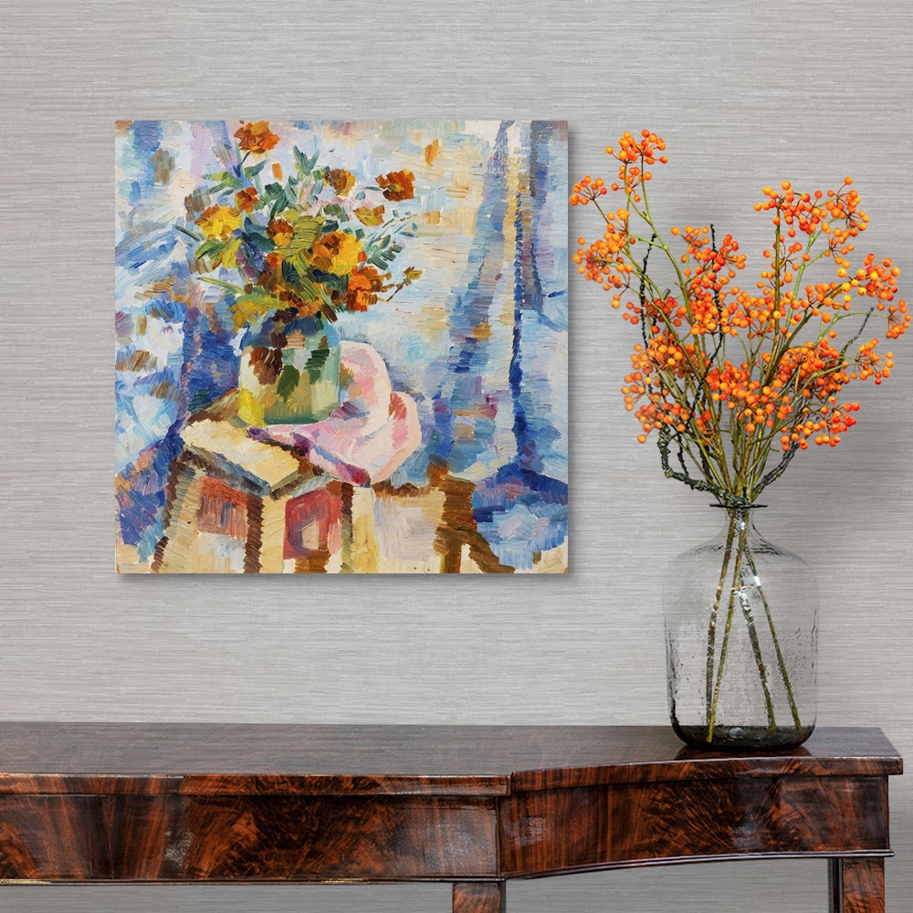 A traditional room featuring Originally an oil painting flowers in a vase in bright orange colors of red and blue on canvas.
