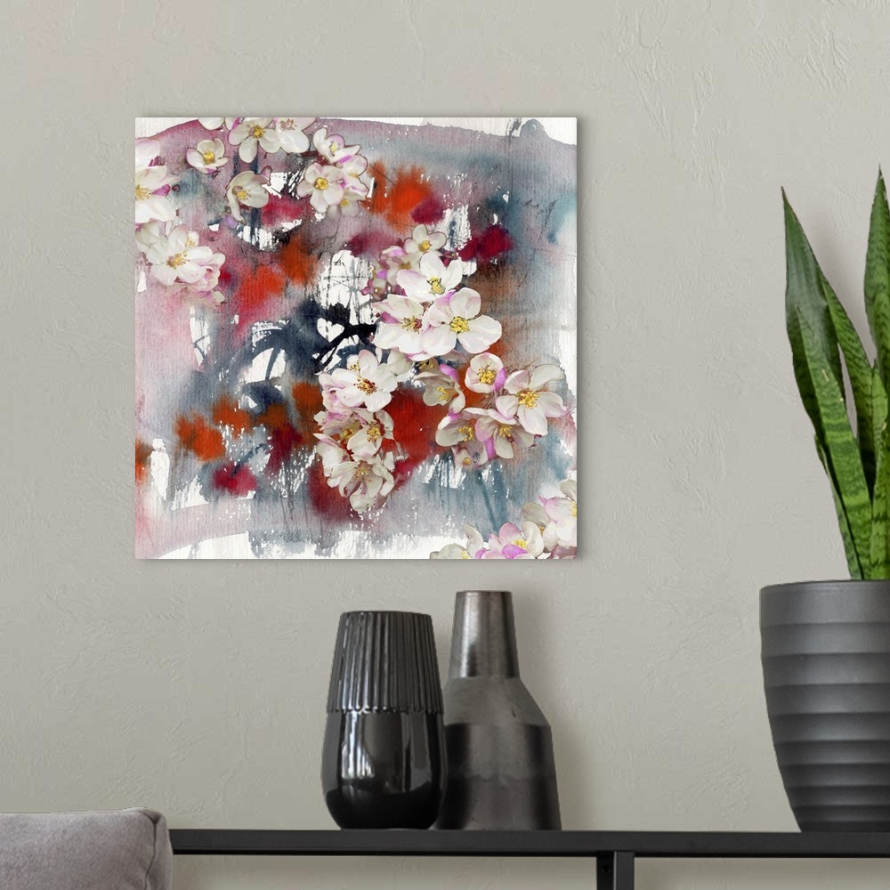 A modern room featuring Flowers of apple tree, abstract painting and mixed media art background.