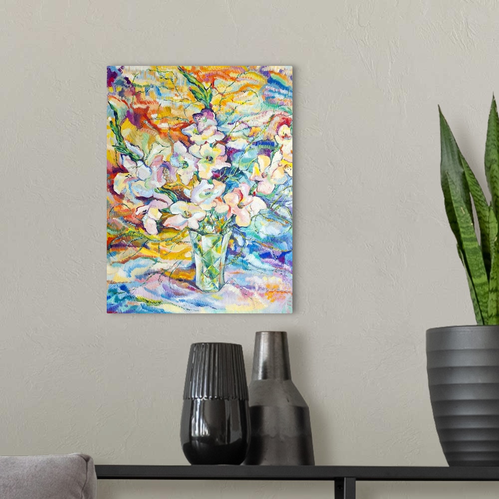 A modern room featuring Bouquet of flowers painted originally oil on canvas.